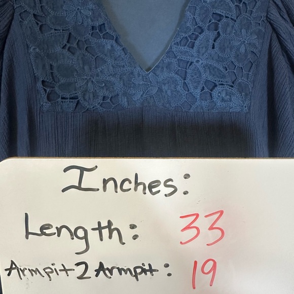 Umgee Navy Blue Boho Mini Dress Size L Lace Yoke V-Neck 3/4 Puff Sleeve, Lined - Picture 7 of 7
